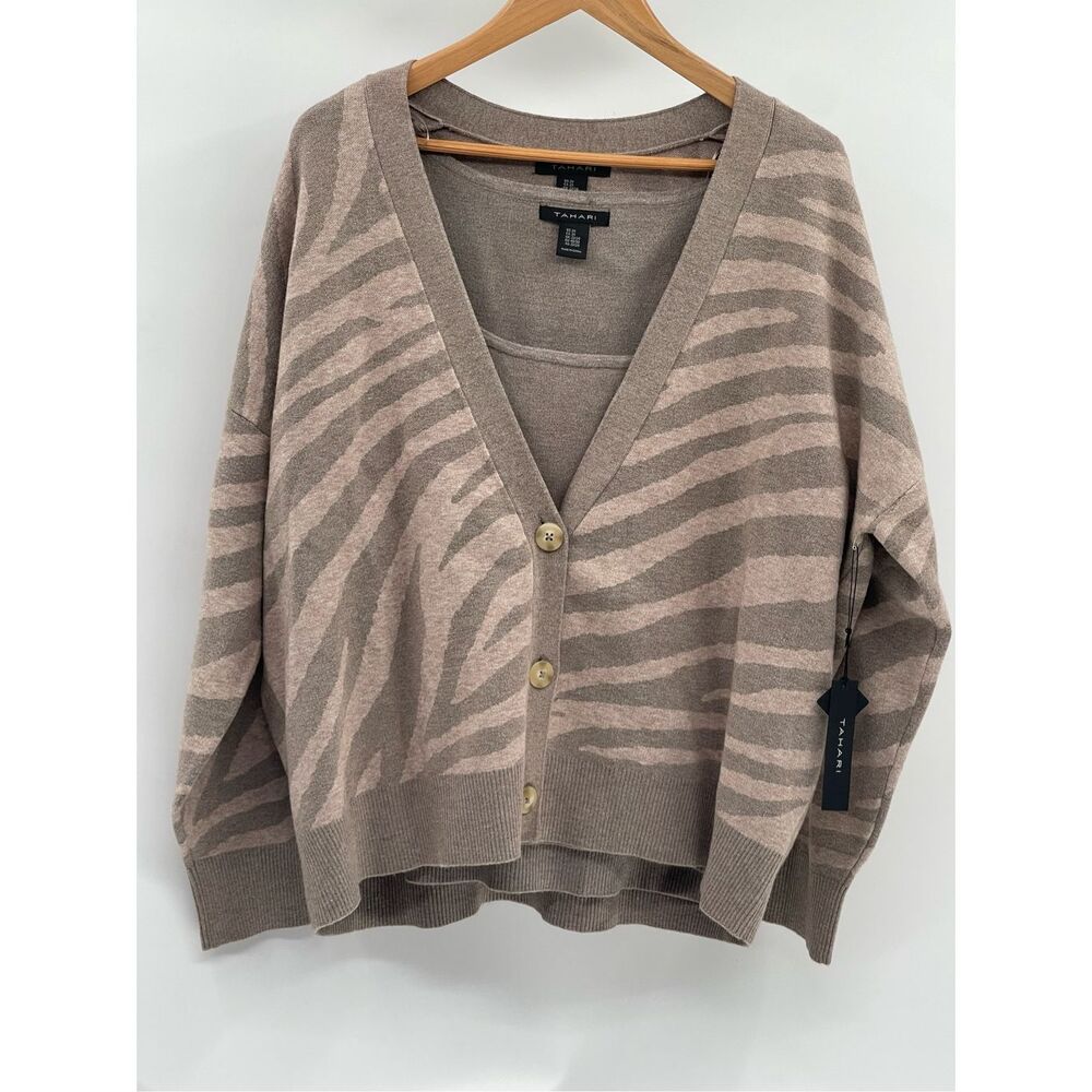 Tahari Sweater Set Cardigan Women Size 2XL Brown‎ Animal Print Long Sleeve New